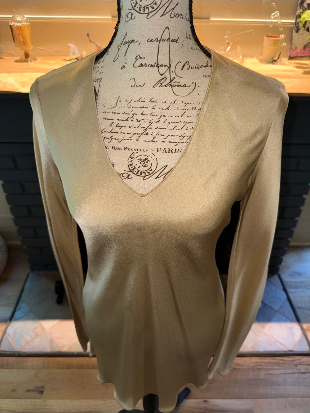 Long Sleeve V-Neck Luxurious Satin Tunic in pale gold